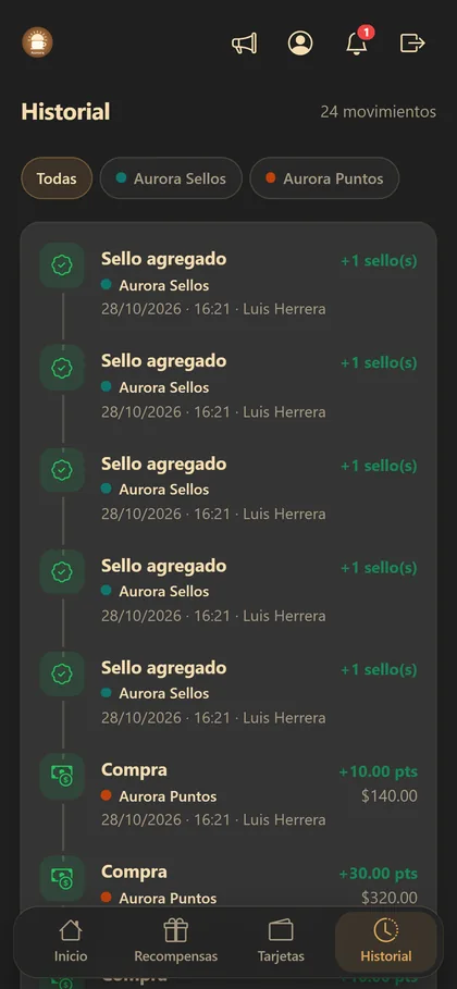 Historial de movimientos del cliente: sellos agregados y compras con puntos.