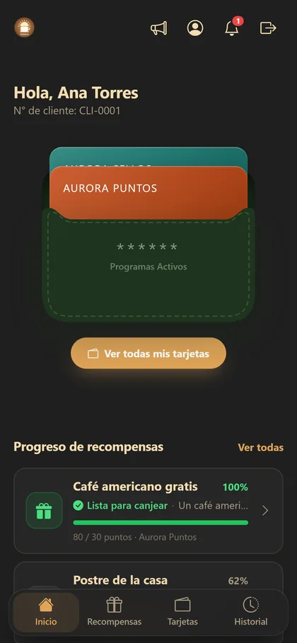 Inicio del portal del cliente con sus tarjetas apiladas y el progreso de recompensas.
