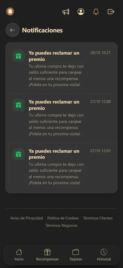 Notificaciones del cliente sobre premios disponibles.