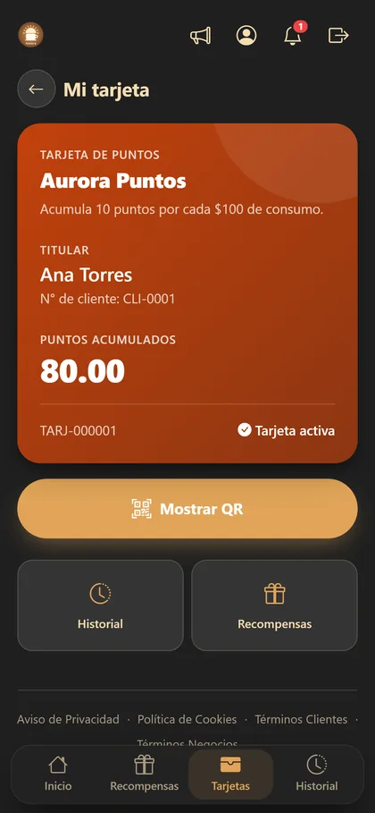 Tarjeta de puntos del cliente.
