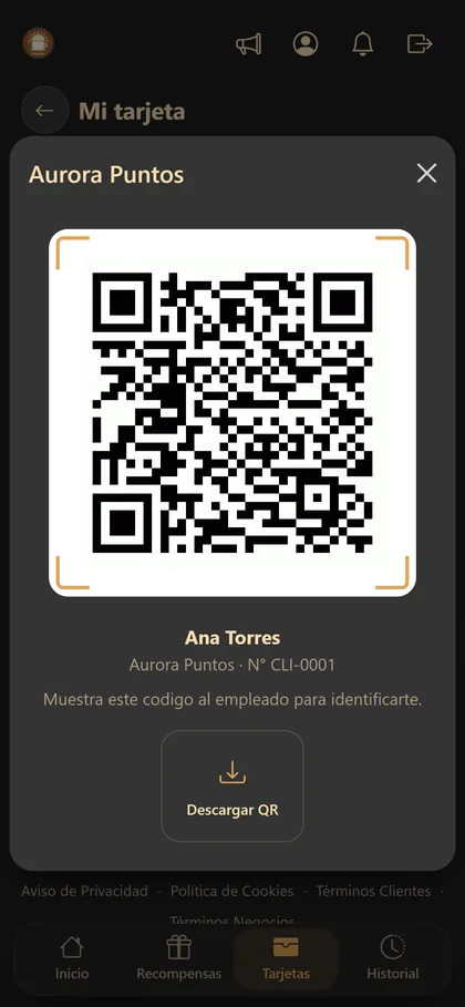 Código QR de la tarjeta de puntos de un cliente, listo para mostrar en el mostrador.
