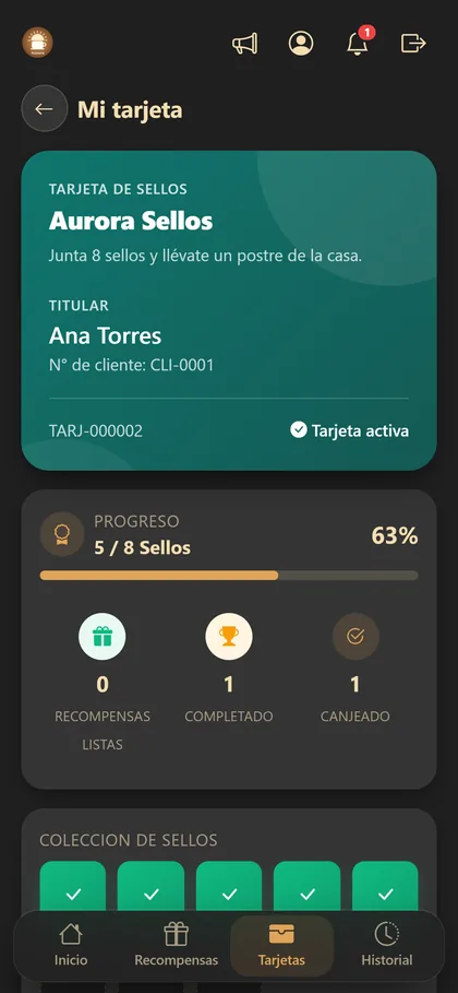 Tarjeta digital de sellos de un cliente con 5 de 8 sellos y su progreso.