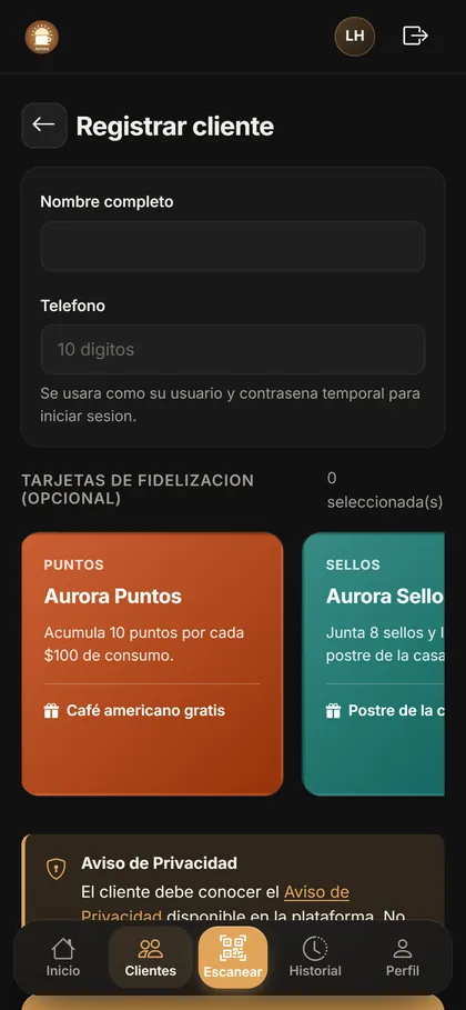 Formulario para registrar un cliente y asignarle tarjetas.