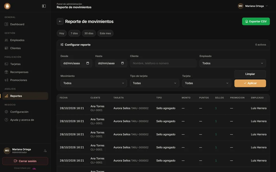 Reporte de movimientos con filtros y botón Exportar CSV.
