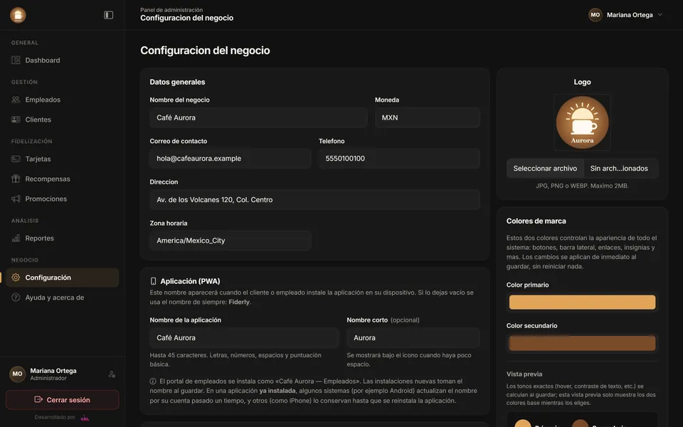 Configuración del negocio: datos generales, logo, colores de marca y aplicación instalable.