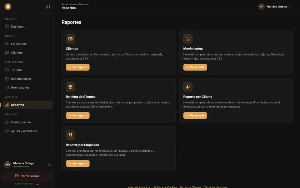Sección de reportes: clientes, movimientos, ranking, por cliente y por empleado.