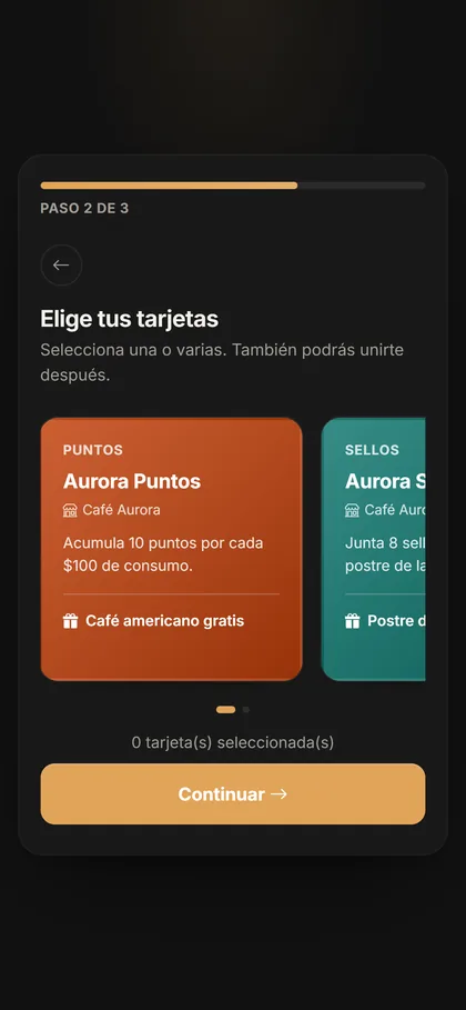 Paso 2 del registro: elegir entre la tarjeta de puntos y la de sellos.