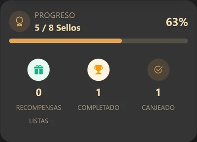 Progreso de una tarjeta de sellos: 5 de 8 sellos, 63 %.